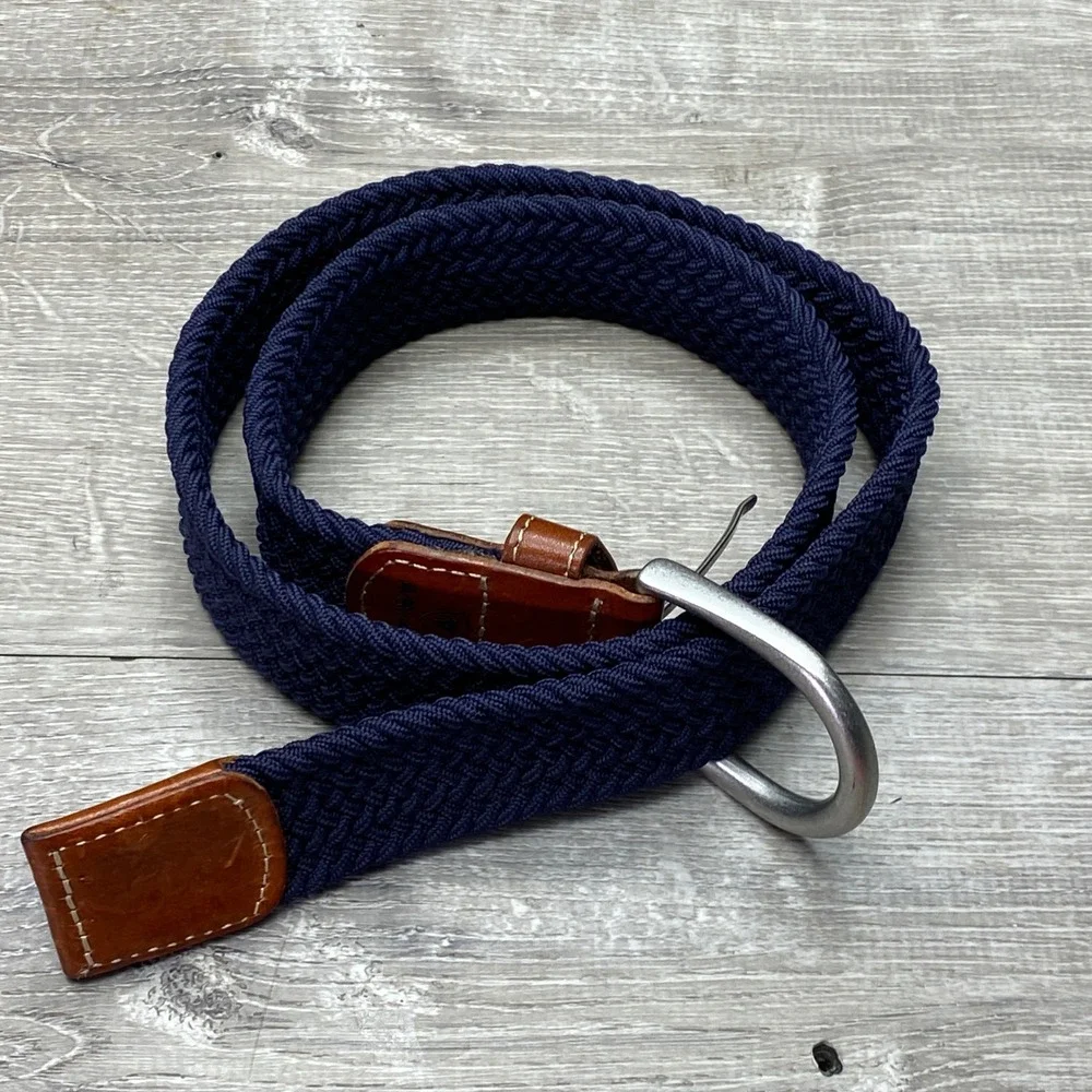 Ariat Belt Braided‎ Stretch Mens Medium Navy Blue Leather Trim Equestrian Casual